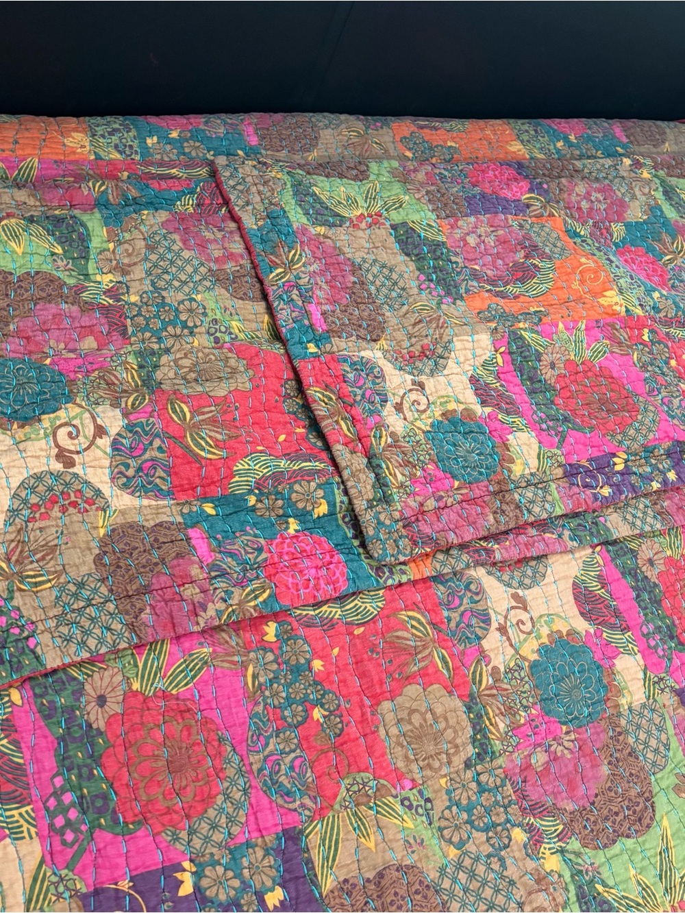 Greenland Home Fashions Jewel Quilt Set- King Size- Teal Pink Cozy Boho Stitch - Picture 5 of 10